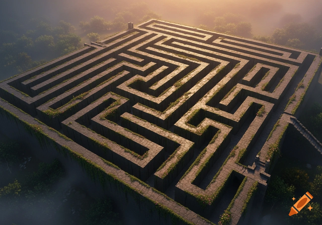 Aerial view of a large, intricate stone maze with overgrown paths, surrounded by fog and trees, bathed in golden light.