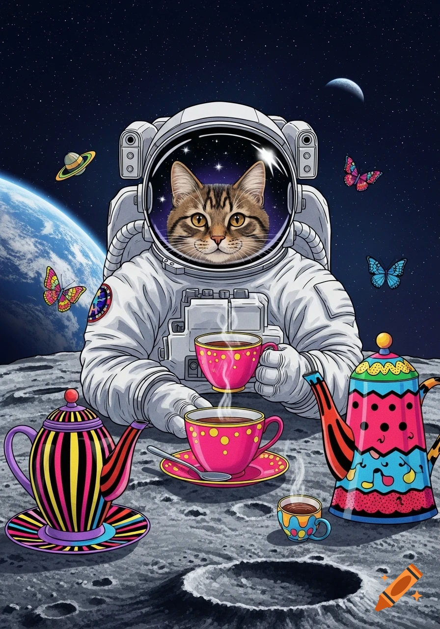 Pop art illustration of a cat astronaut having a colorful tea party on the moon, with Earth and butterflies in space.