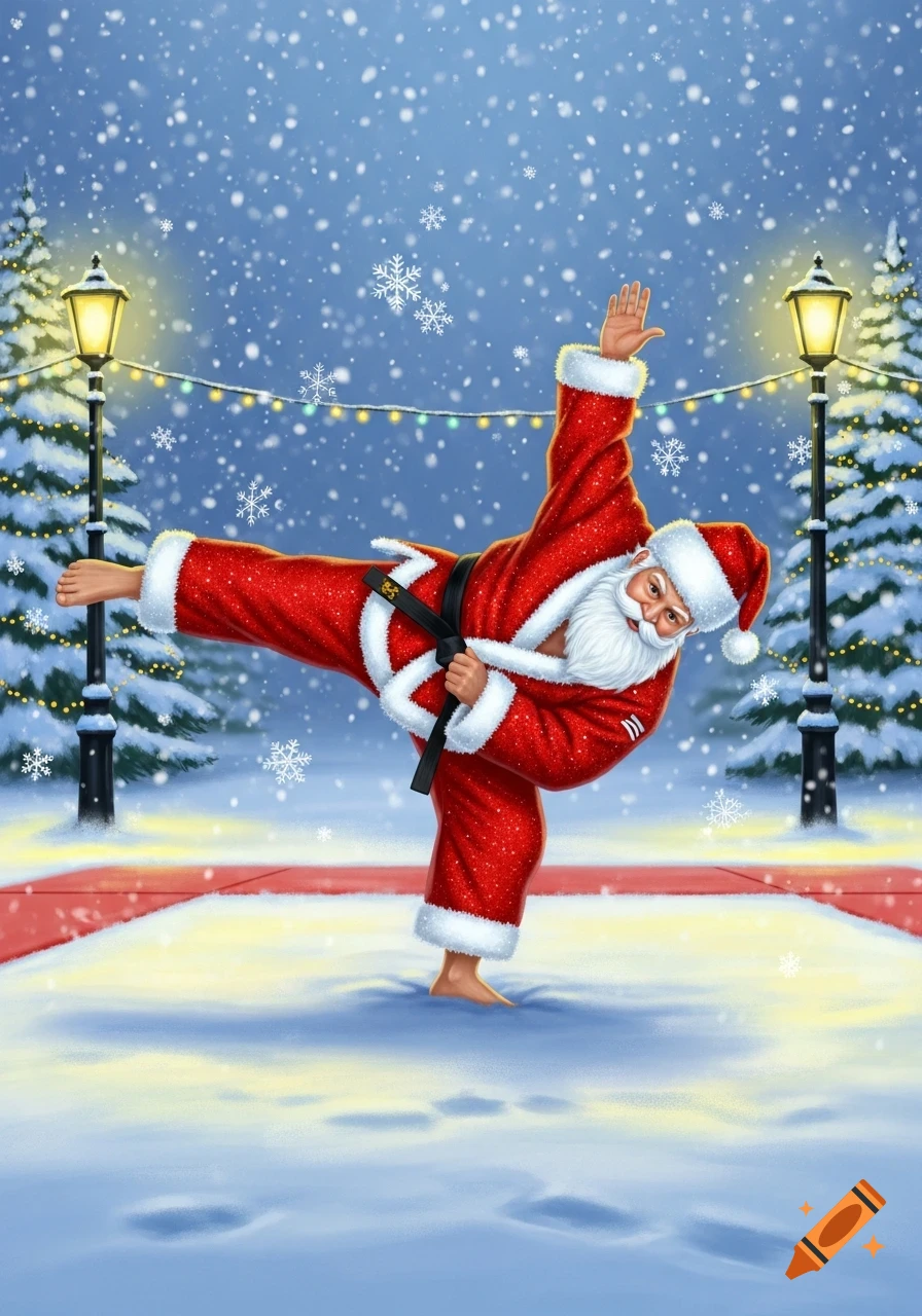 Santa Claus in a red suit and black belt performs a high kick in a snowy, festive winter scene.