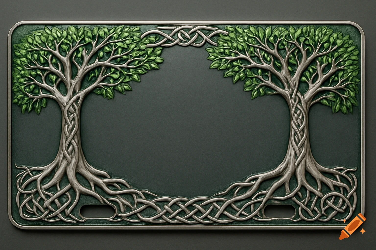 A metal license plate cover with two intertwined Celtic tree of life designs on a dark green background. Branches form the top border, roots form the bottom, all intricately knotted.
