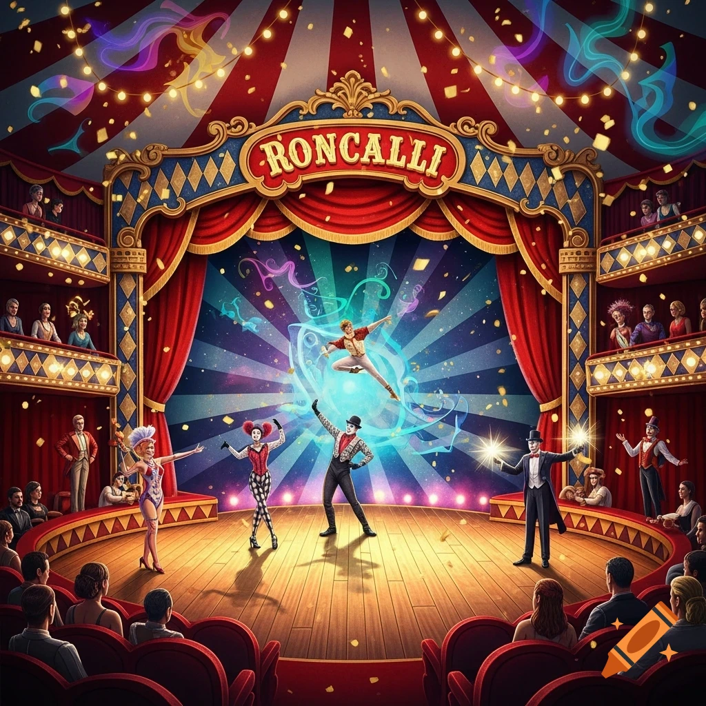 A vibrant circus show under a striped big top, with performers on stage including acrobats, clowns, and a magician, watched by an audience.