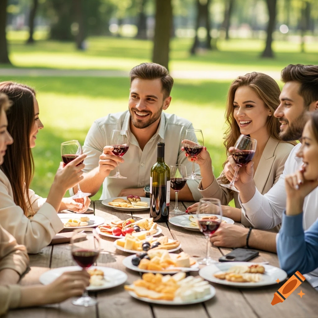 Young adults laugh while enjoying a wine and cheese picnic at a wooden table in a sunny park, photorealistic style.