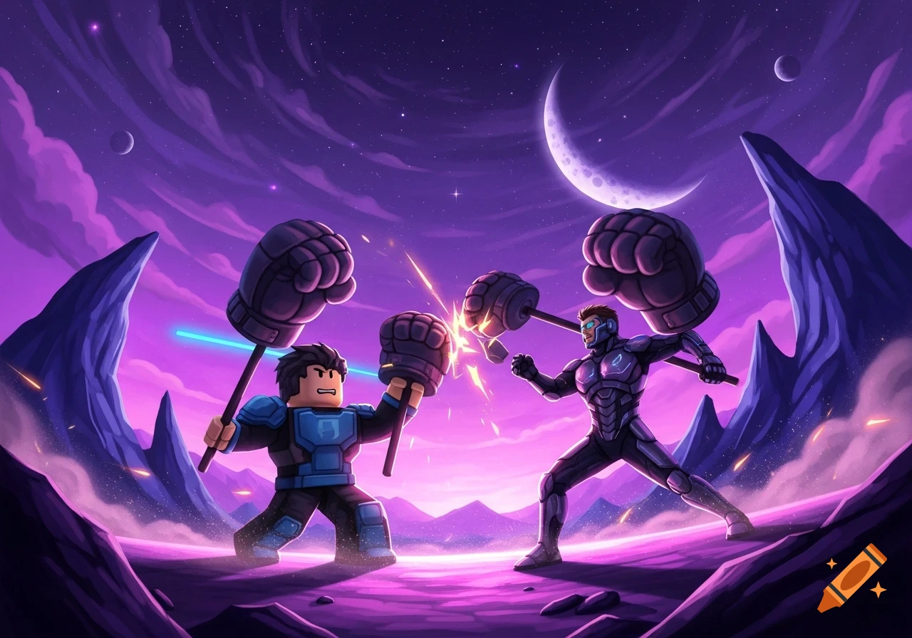 A Roblox character battles an armored figure on a purple alien planet under a crescent moon, both wielding large glove-hammers.