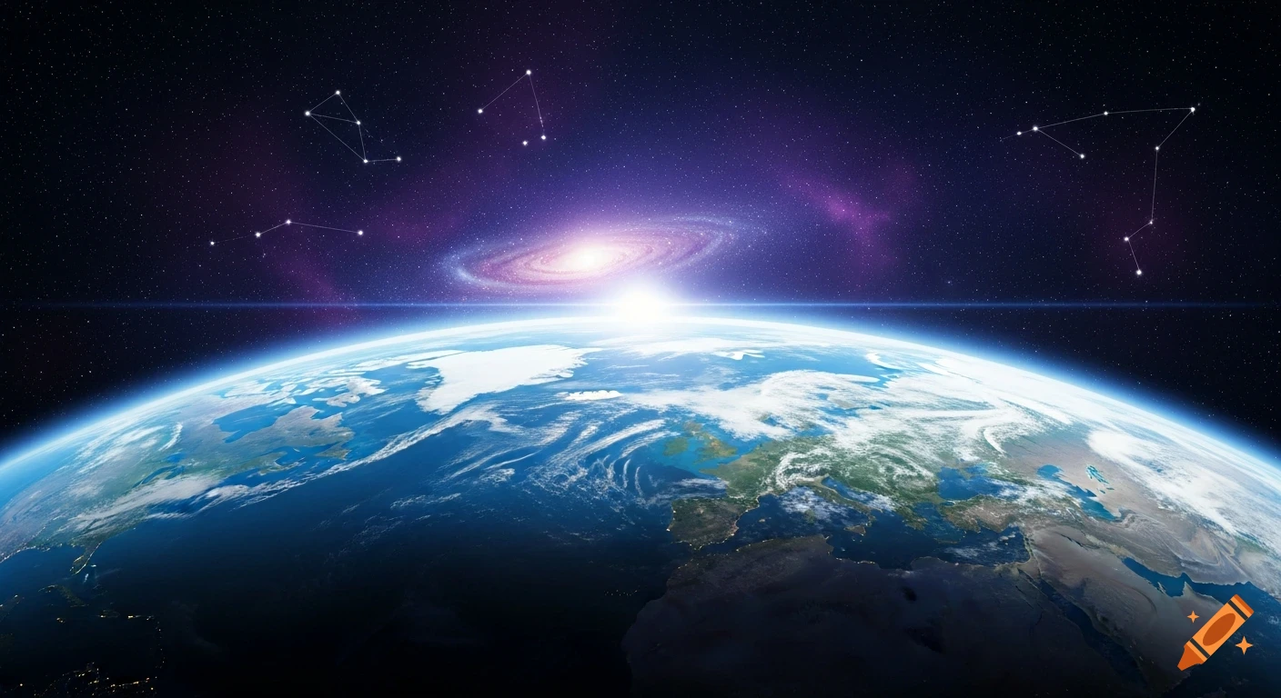 A cinematic view of planet Earth from space, with a bright galaxy and constellations in the starry background.