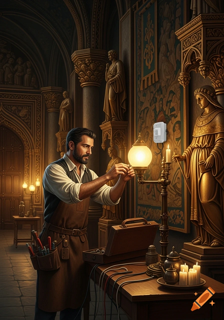 A bearded electrician in a brown apron works on a glowing lamp and a motion sensor in a grand, ornately decorated historical hall filled with statues.