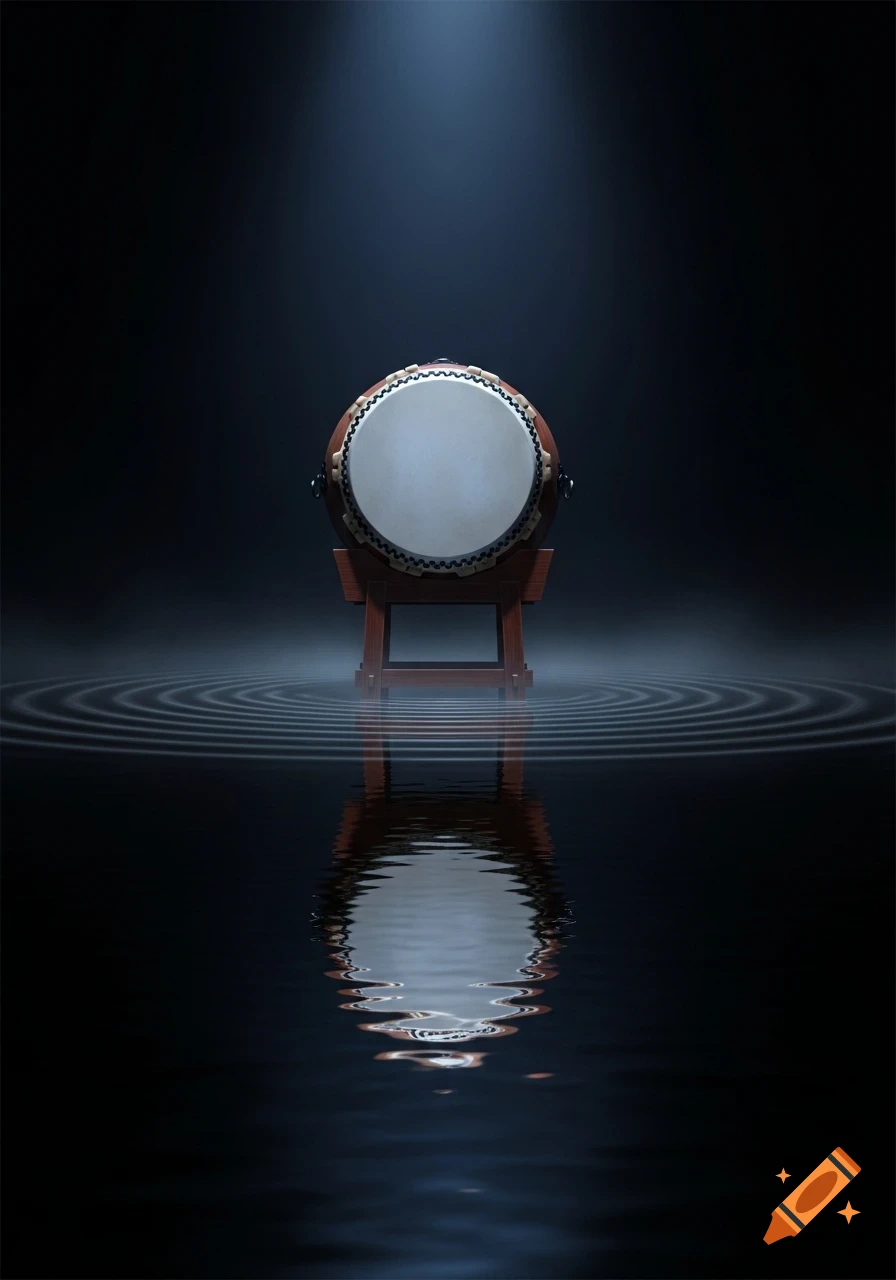 A Taiko drum stands on a wooden base in a dark, spotlighted room, with ripples on the water reflecting the drum.