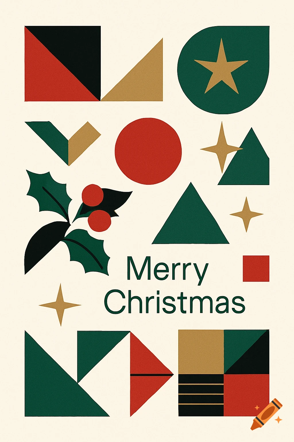 A Bauhaus-style Christmas card with red, green, gold, and black geometric shapes and holly, featuring the text 'Merry Christmas'.
