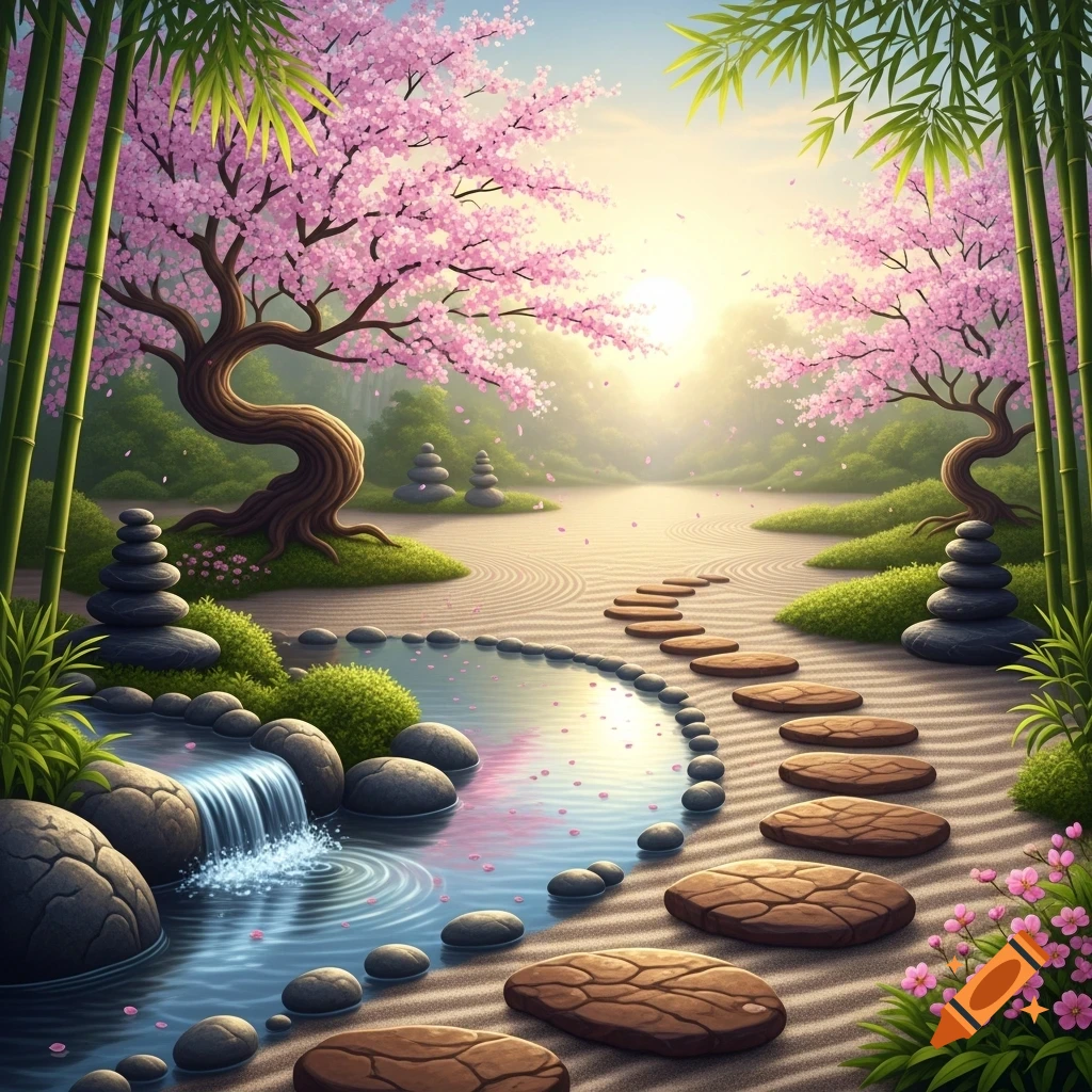 A colorful Japanese zen garden with a stone path, pond, waterfall, pink cherry blossom trees, and bamboo under a bright, hazy sky.