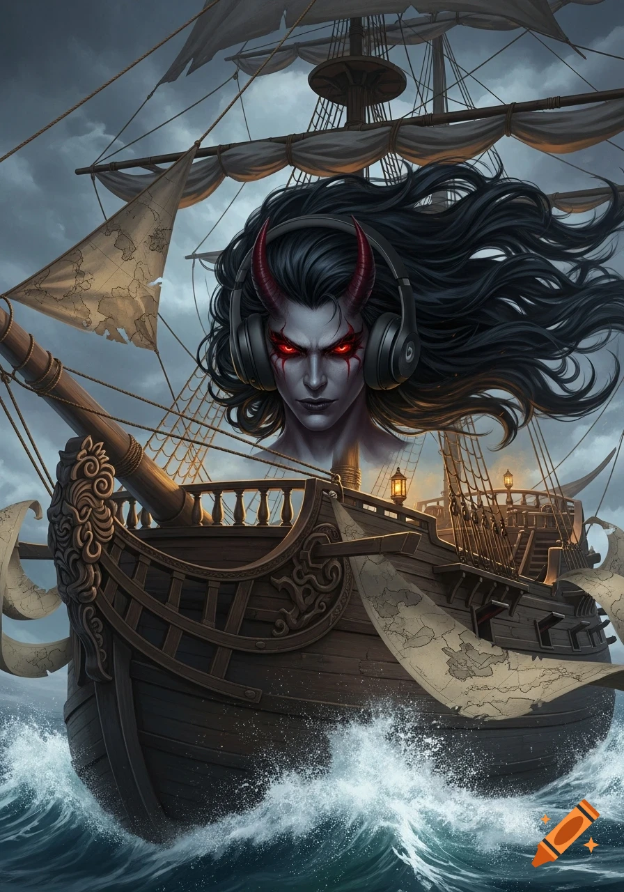 A demonic figure with red eyes and horns, wearing headphones, emerges from a pirate ship on stormy seas.