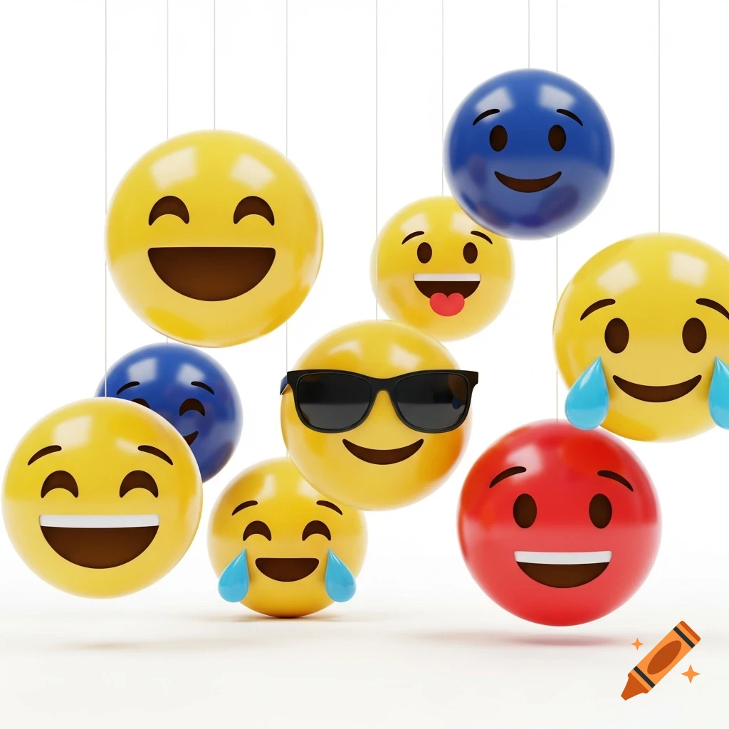 A group of diverse 3D-rendered emojis with expressions like laughing, crying, and wearing sunglasses, suspended against a white background.