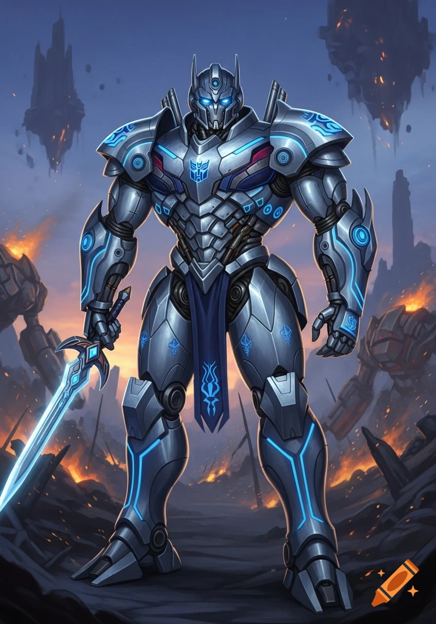 A silver and blue knight-like Autobot robot, resembling Optimus Prime, stands in a fiery, war-torn landscape, holding a glowing sword.