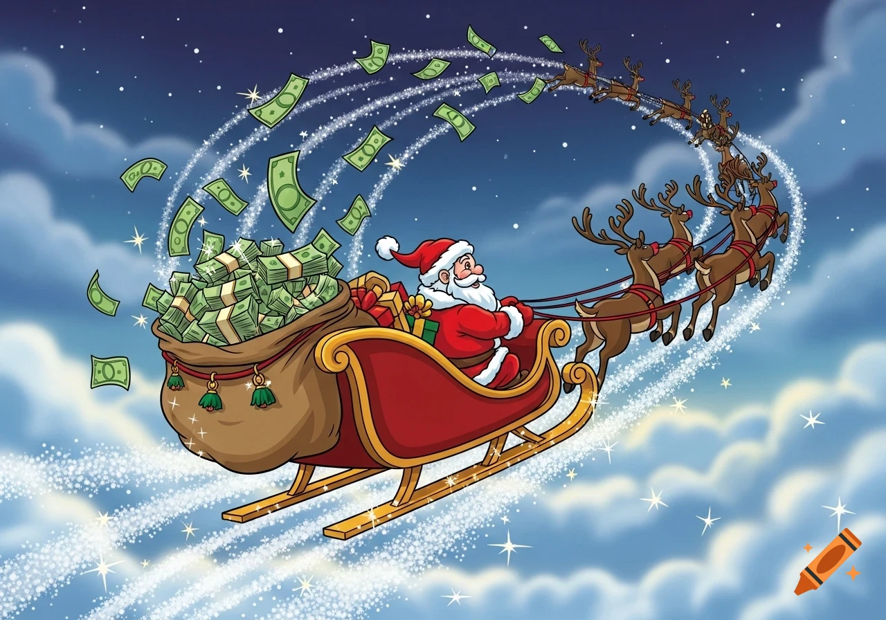 Cartoon Santa in a sleigh, pulled by reindeer, with money overflowing from his sack and flying through a starry night sky.