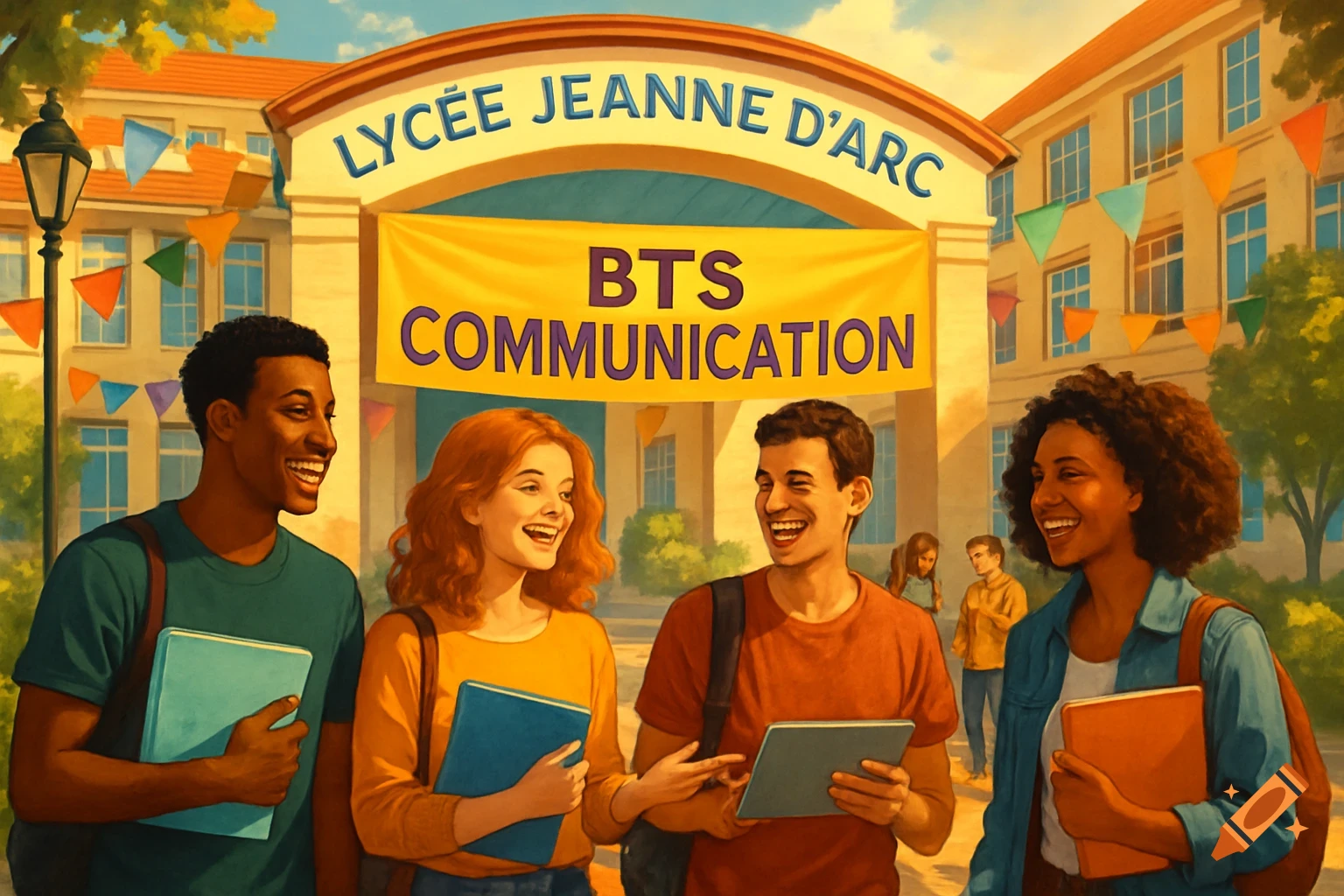 Smiling diverse students stand in front of Lycée Jeanne d'Arc with a "BTS Communication" banner, depicted in a bright, illustrative style.