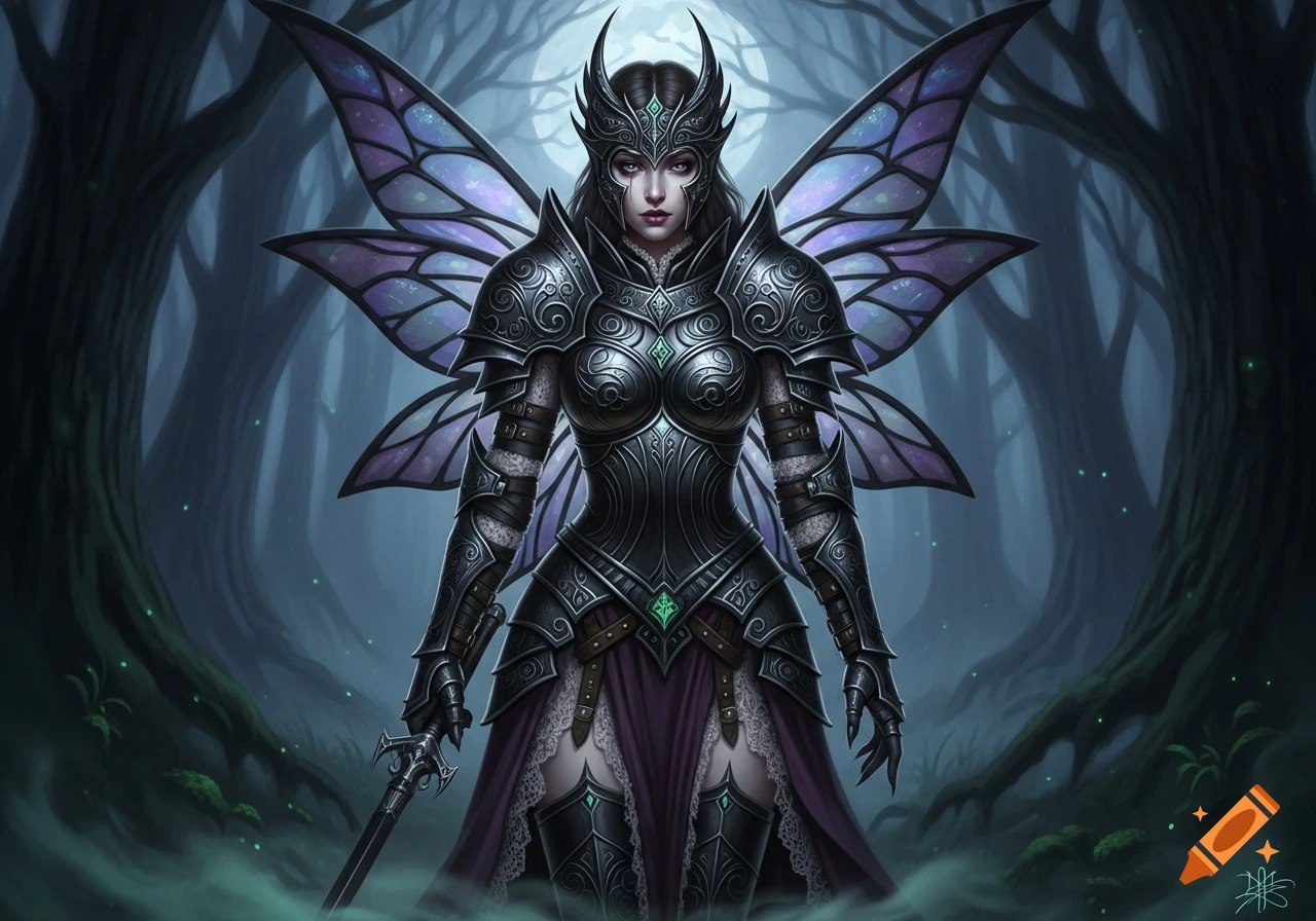 A gothic fairy warrior in dark, ornate armor with iridescent wings, holding a sword in a misty, dark forest.