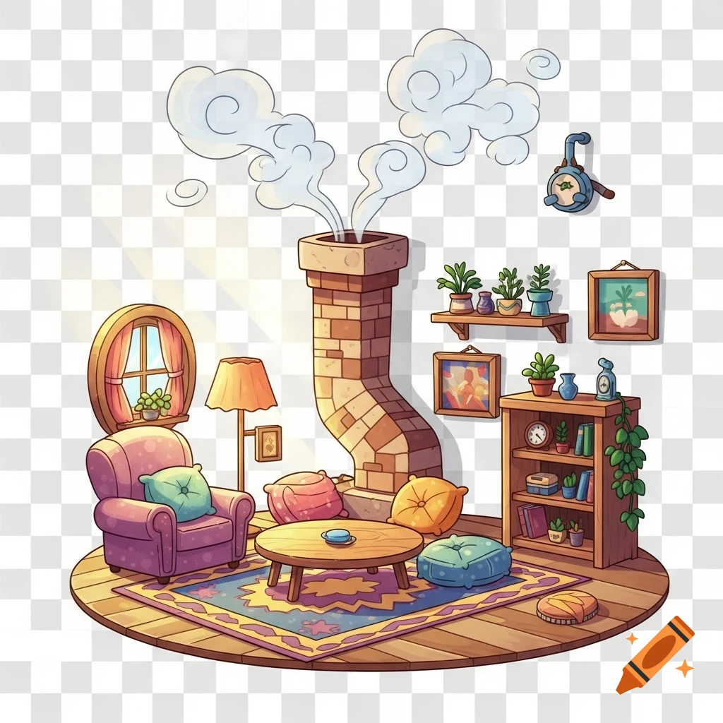 Cartoon illustration of a cozy living room with a brick chimney, purple armchair, coffee table, shelves with plants, and a rug.