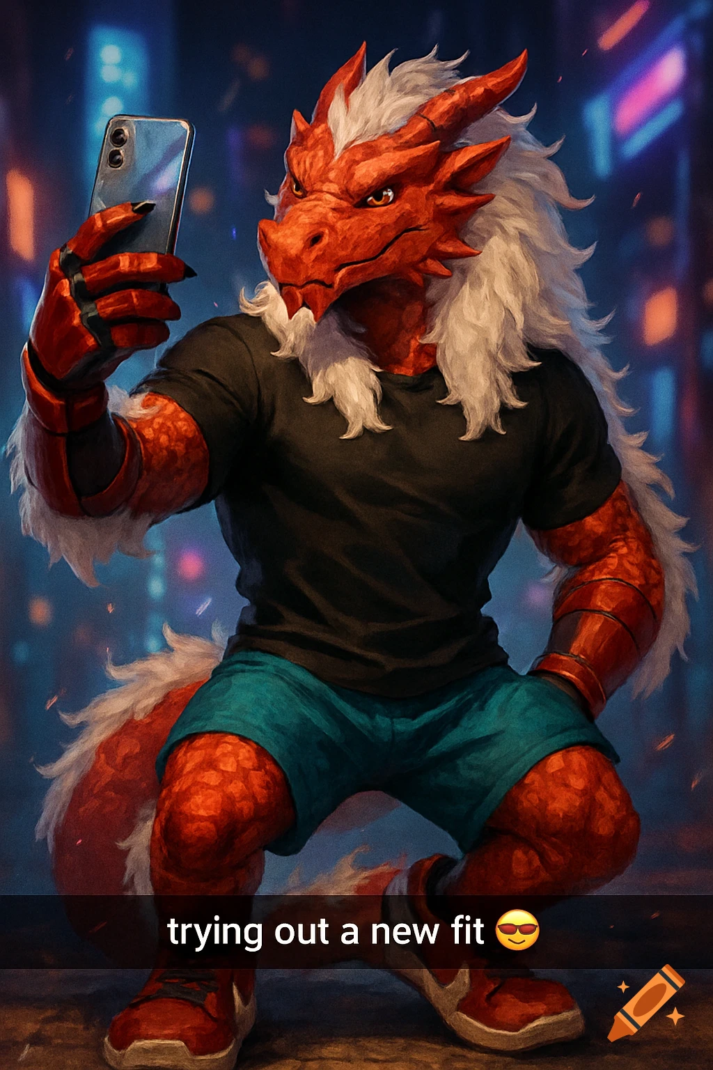 Bulky red anthropomorphic dragon in black t-shirt and turquoise shorts takes a selfie with a phone against blurred city lights. Digital art.