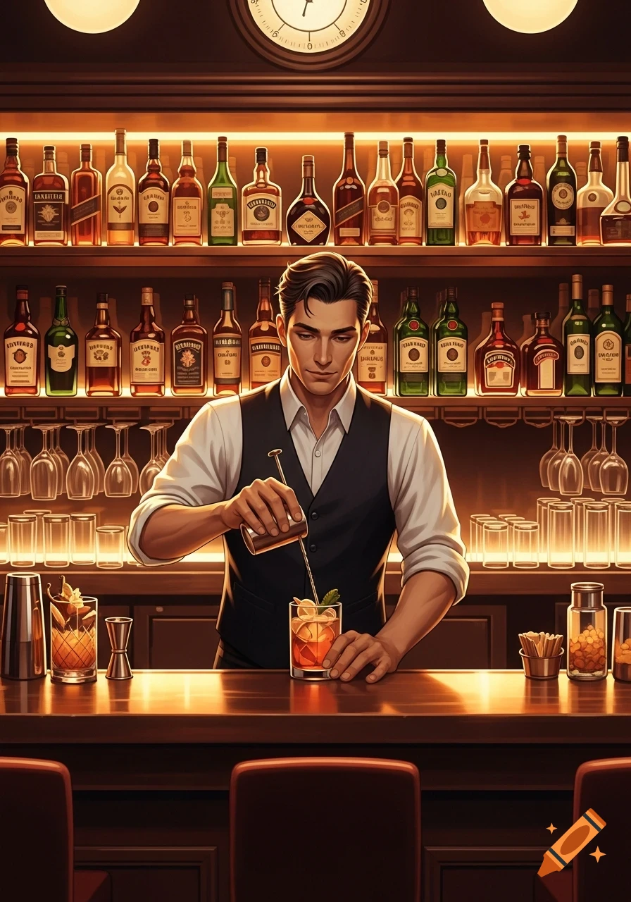 A man in a vest and shirt, a bartender, pours a drink into a glass at a well-stocked bar.