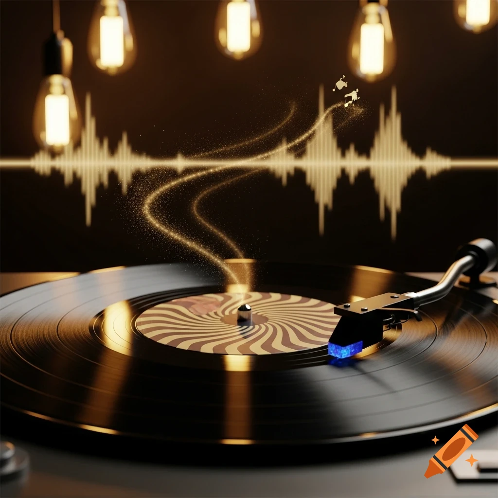 A close-up shot of a glowing vinyl record player with light bulbs and a sound wave graphic in the background.