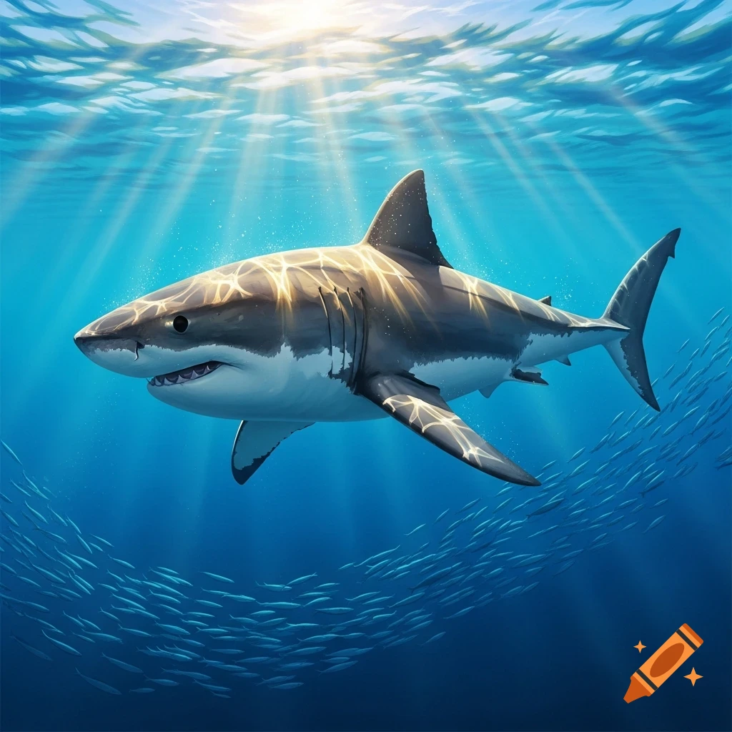 A great white shark swims through sunlit blue ocean water, above a school of fish.