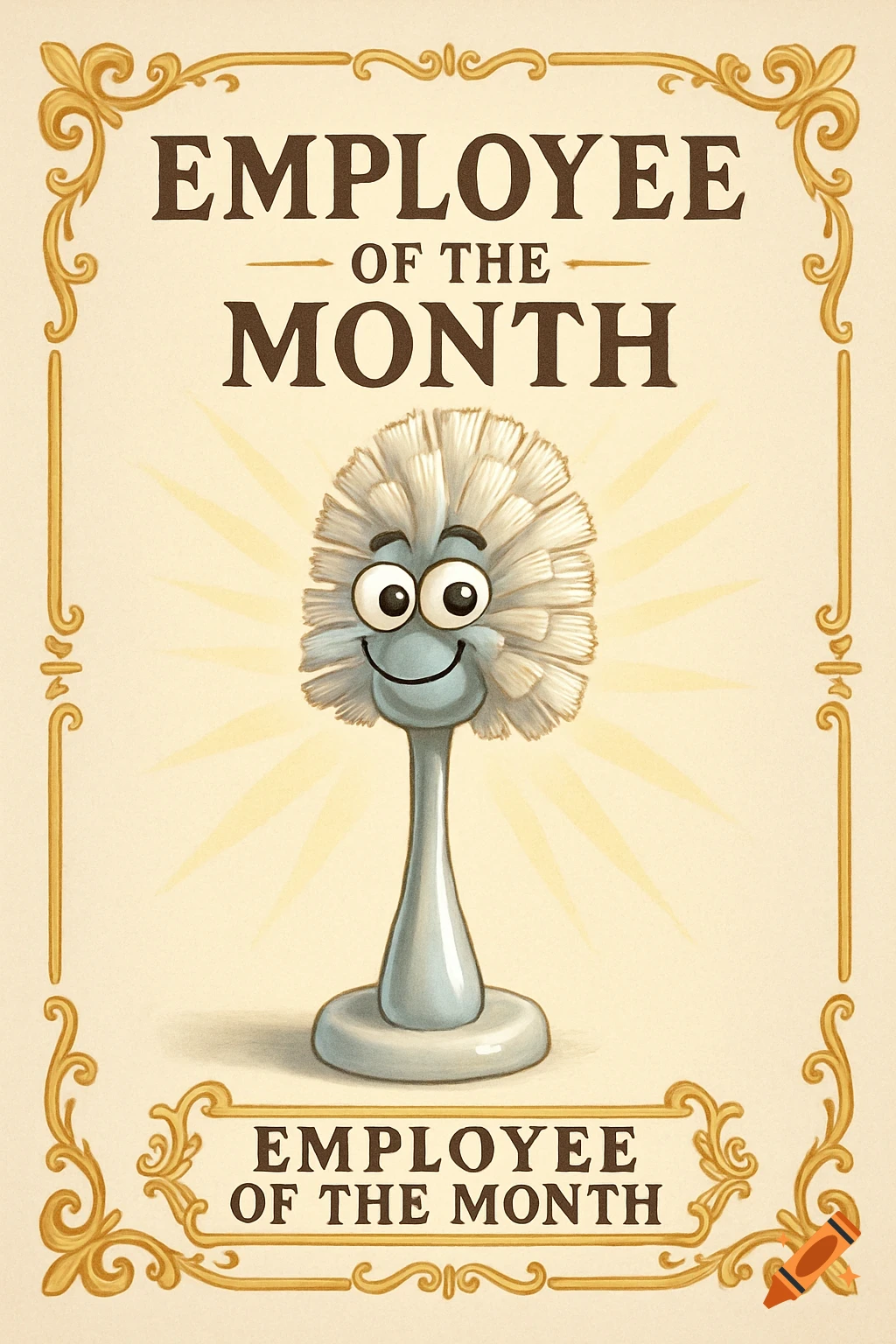 A cartoon certificate with a friendly, smiling toilet brush awarded 'Employee of the Month'.