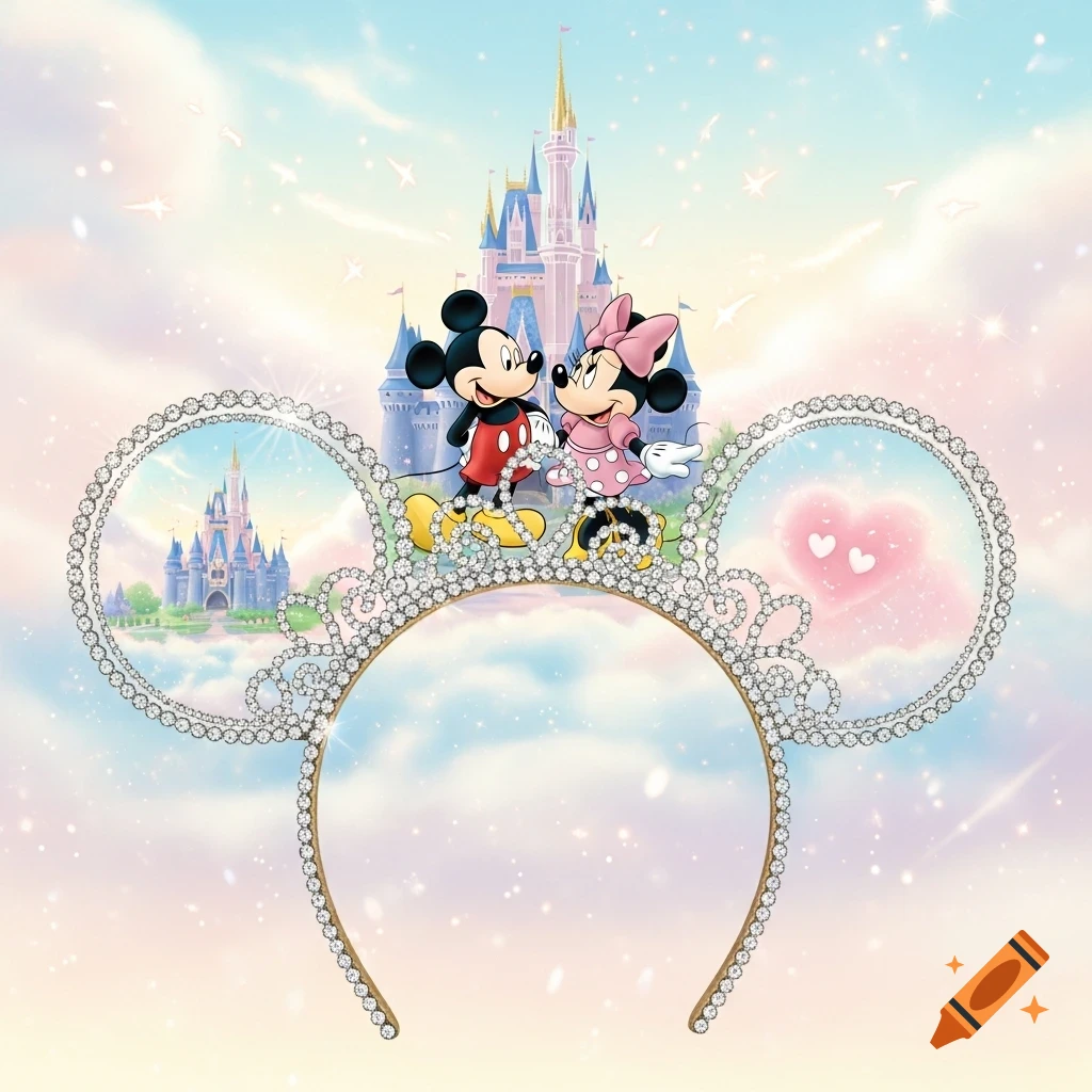 Mickey and Minnie Mouse stand in front of a Disney castle, atop a diamond-encrusted Mickey ear headband.