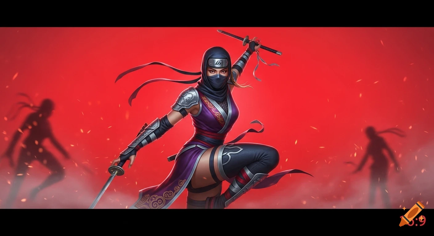 Female ninja in purple and black outfit with two katanas in a dynamic pose against a red background with silhouetted figures.