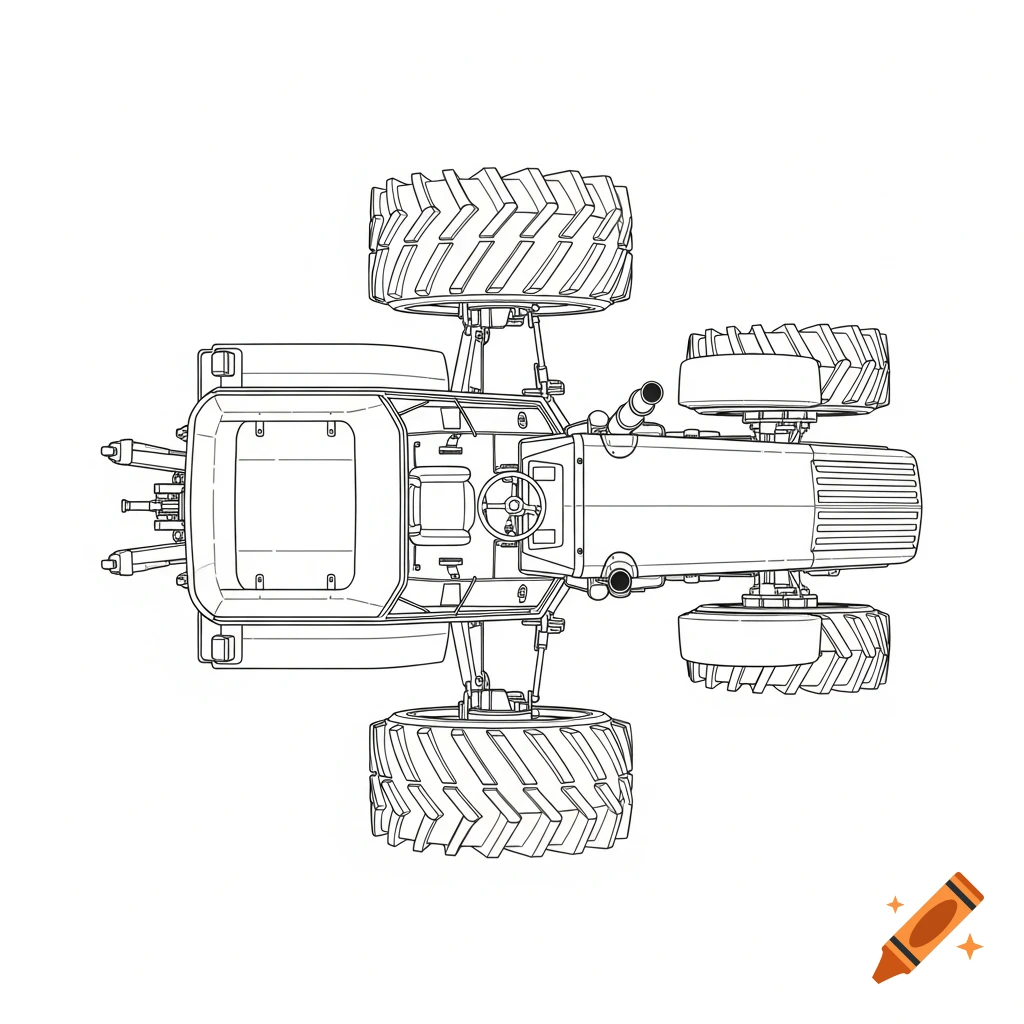 A top-down line drawing of a simple tractor, resembling a blueprint.