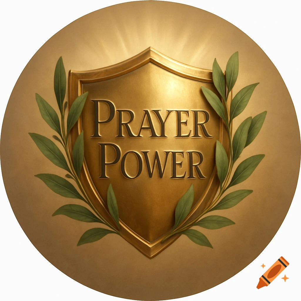 Hyper-realistic digital art of a golden shield with 'PRAYER POWER' text, framed by olive branches, on a radiant background.