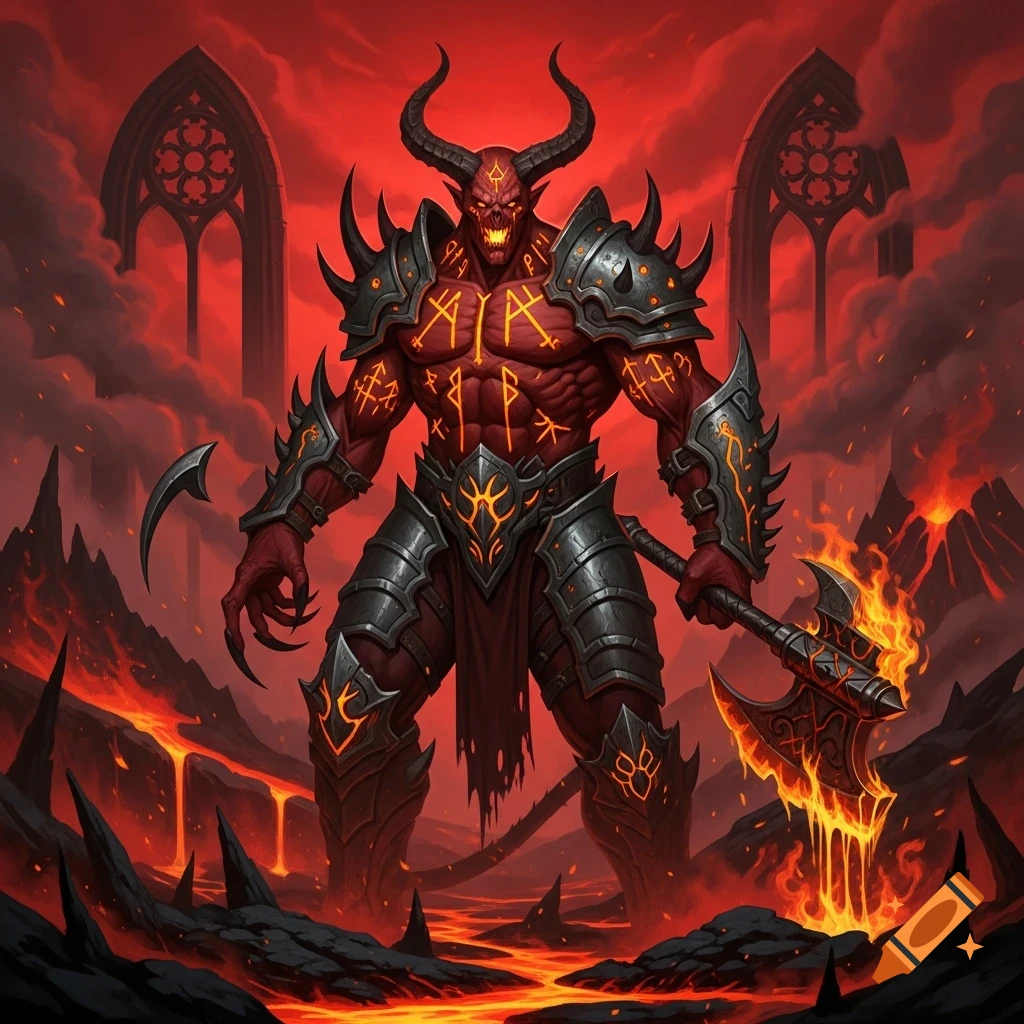 A red horned demon in spiked armor stands in a fiery hellscape with lava, holding a flaming axe, in a heavy metal album cover style.