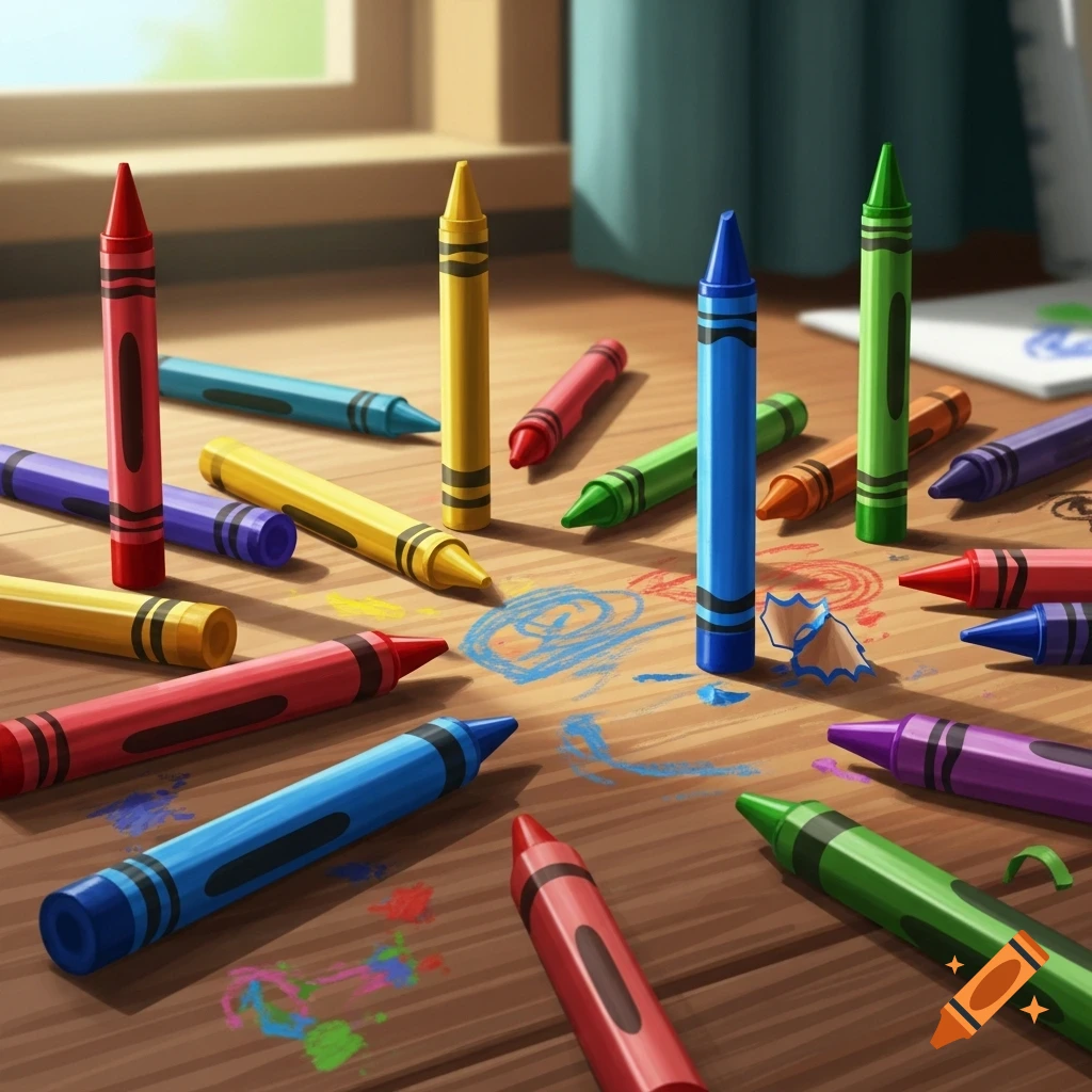 Numerous colorful crayons scattered on a wooden table with scribbles and crayon shavings, lit by sunlight from a window.