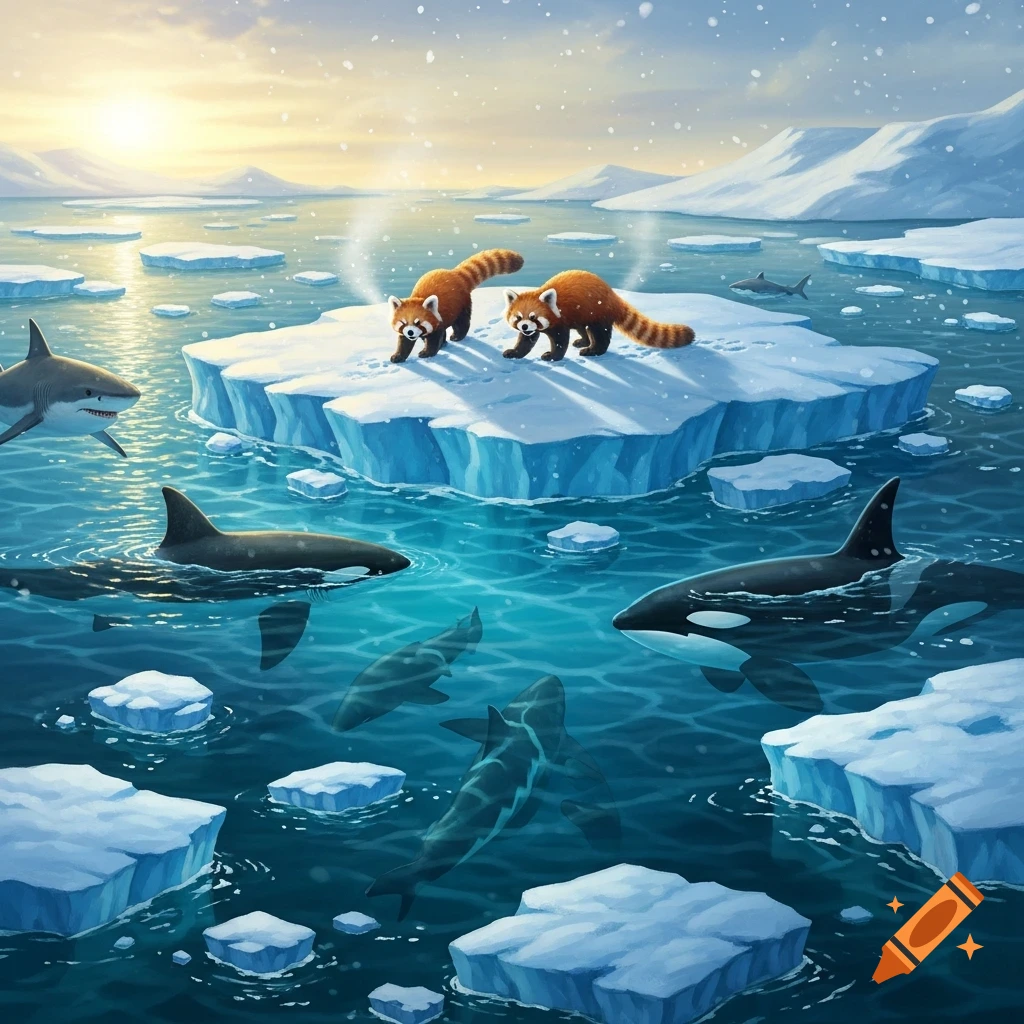 Two red pandas on a floating iceberg, with sharks and orcas circling in the icy blue water of a polar landscape at sunrise.