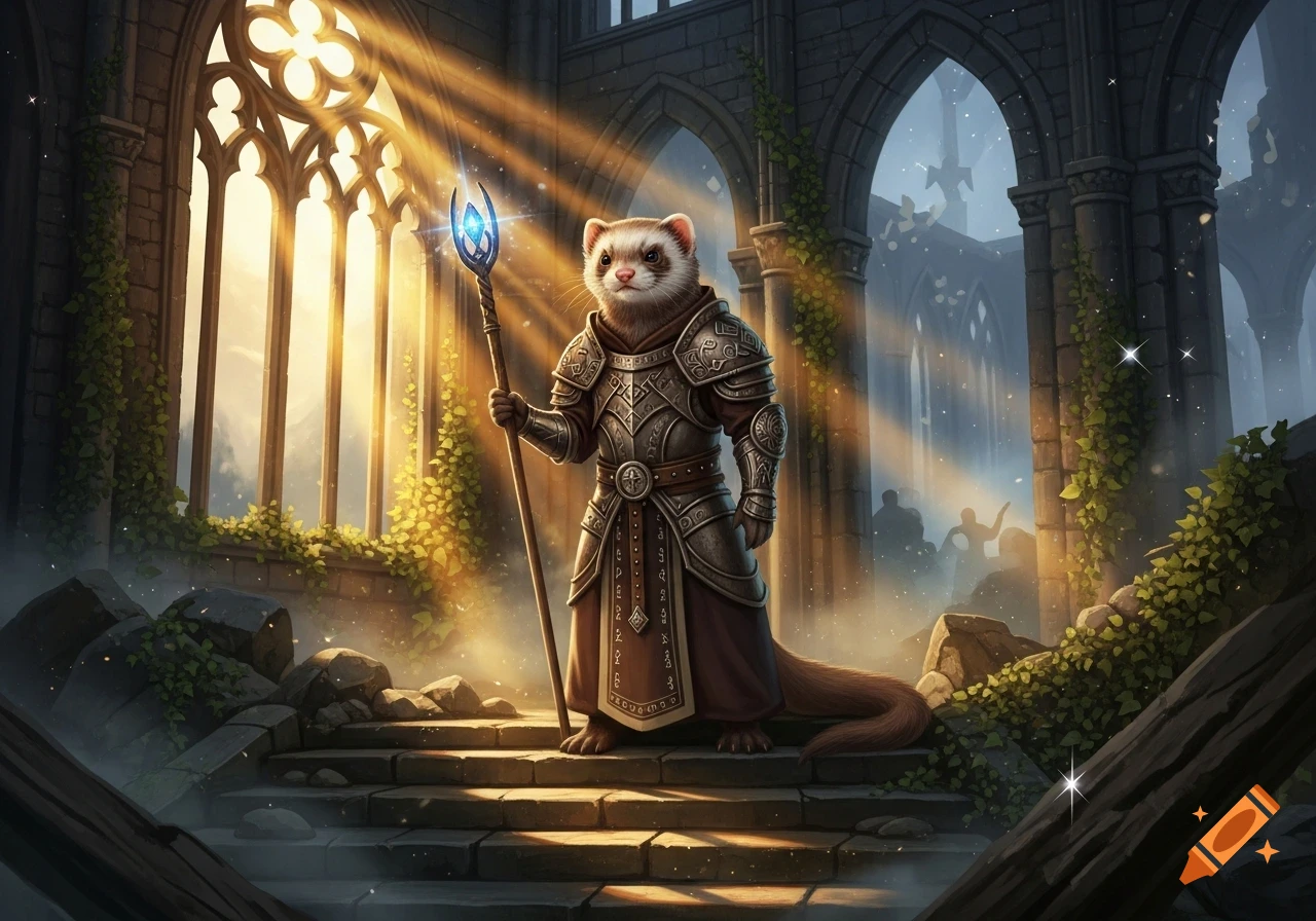 A ferret in ornate medieval armor holds a glowing staff on stone steps within sunlit gothic ruins.