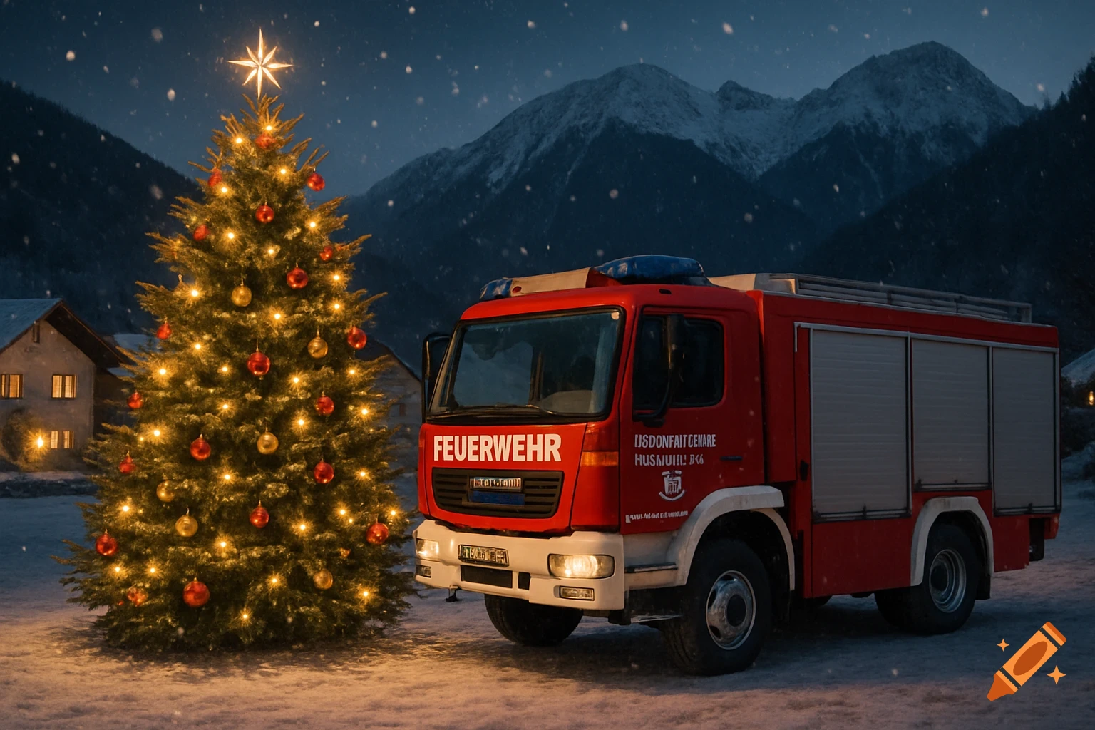 A festive red fire truck parked next to a brightly lit Christmas tree in a snowy mountain landscape at dusk.