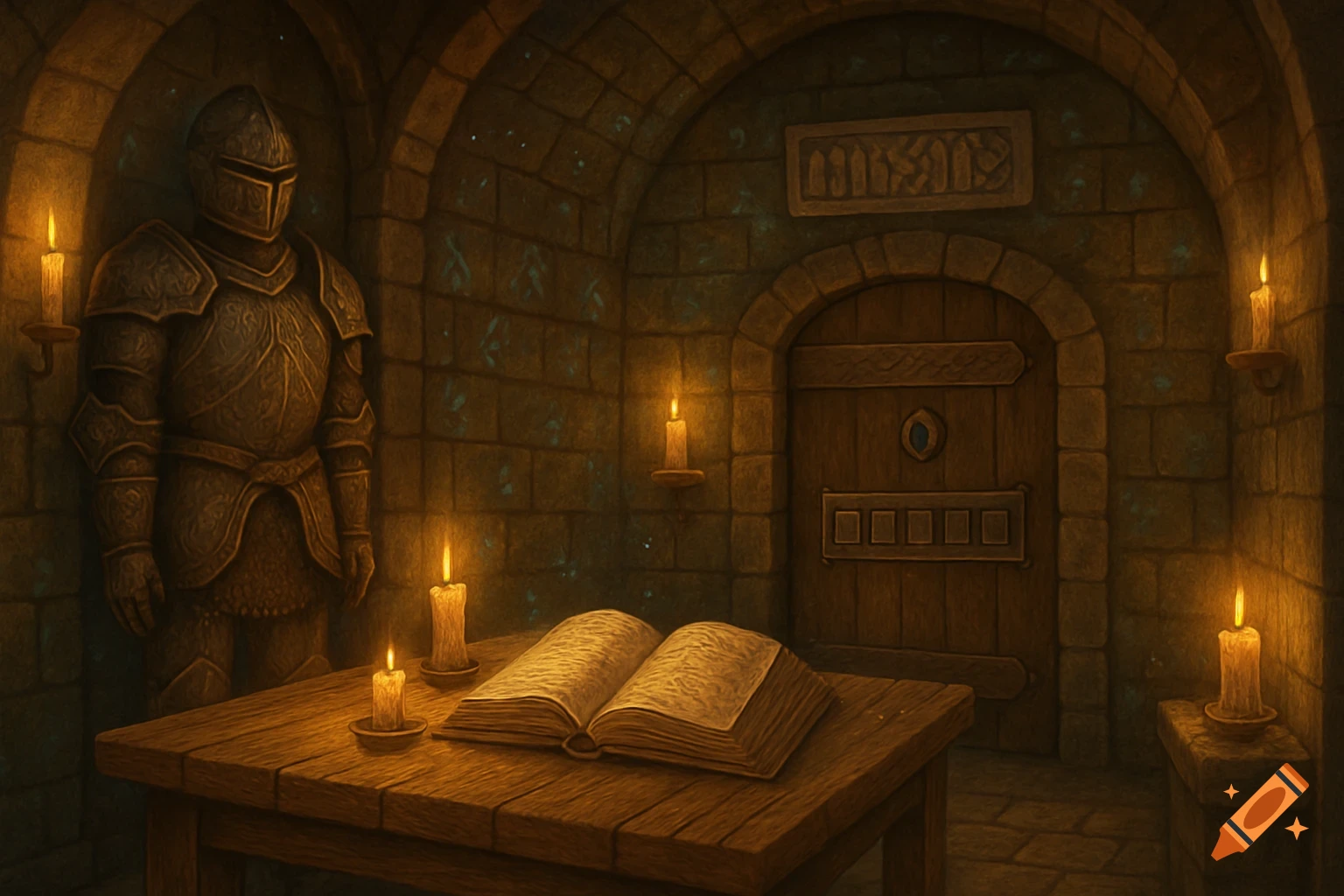 A mystical, candlelit fantasy illustration of an old dungeon room with knight armor, an open book, and an arched wooden door.