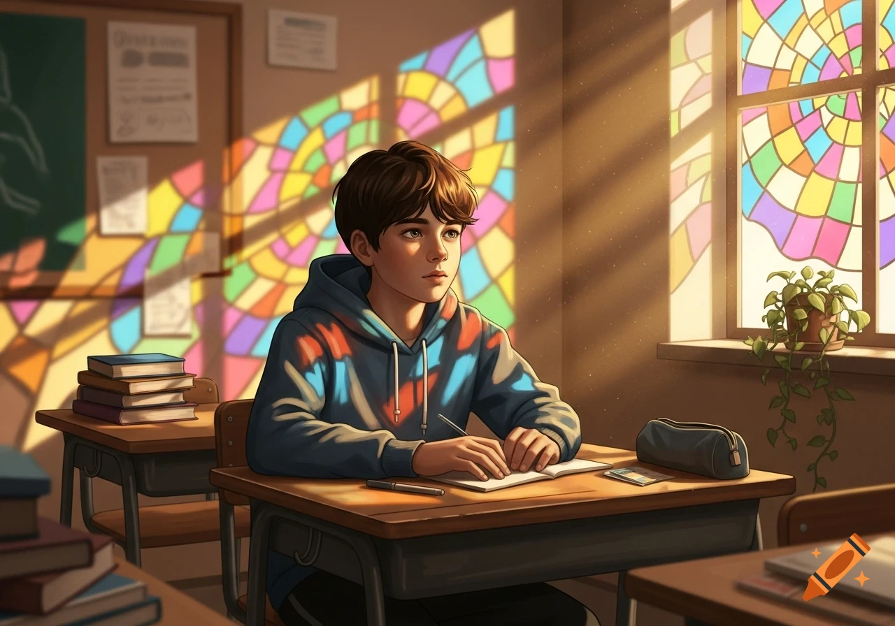 A junior high student in a colorful hoodie sits at a wooden desk, writing in a sunlit classroom with stained-glass windows, illustrative style.
