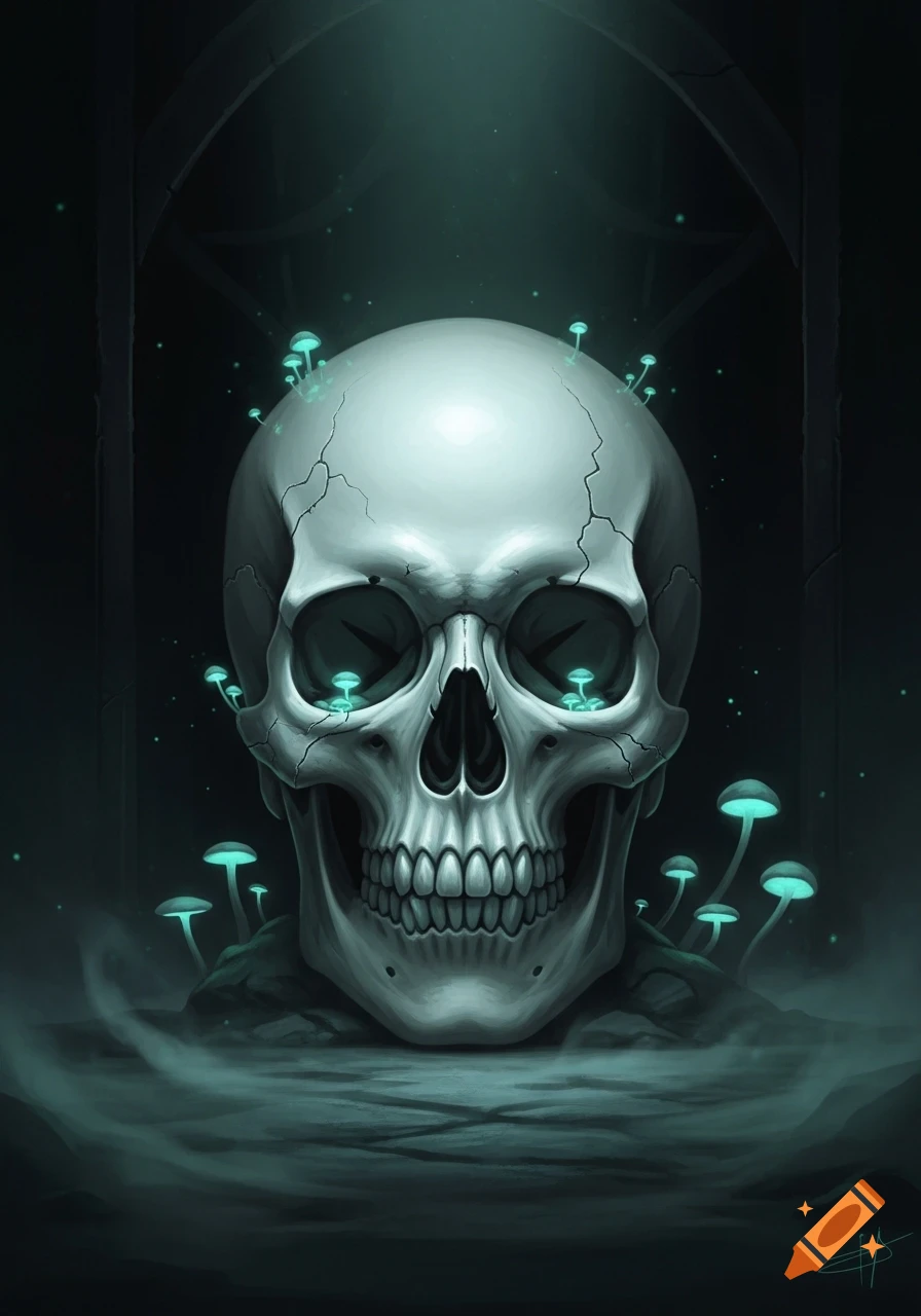A detailed, stylized illustration of a cracked skull with glowing blue mushrooms growing from it, set in a dark, atmospheric environment.
