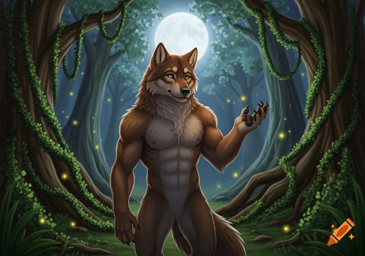 A friendly, muscular werewolf stands in a moonlit enchanted forest, smiling with one paw raised, fireflies glowing.
