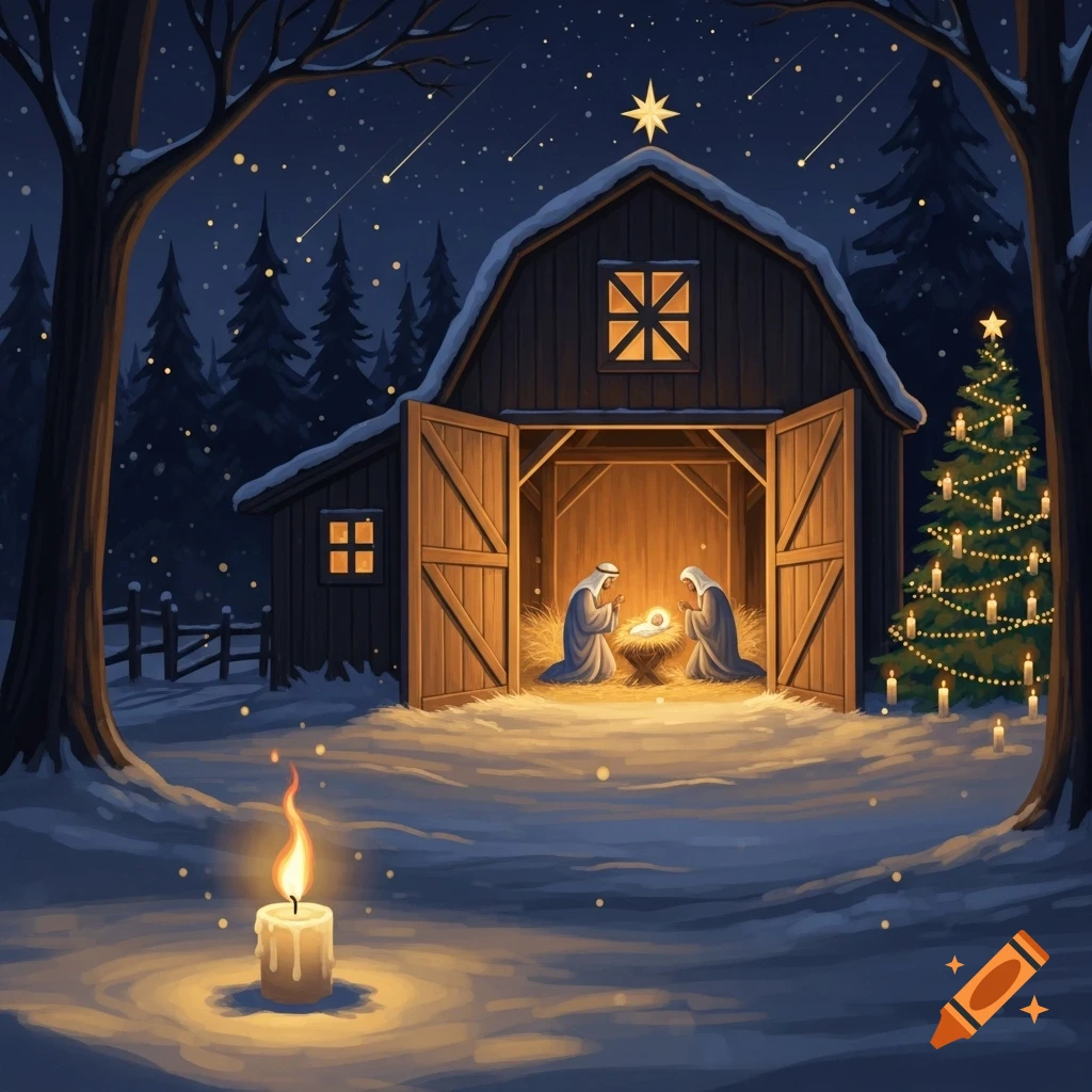 A painted winter night scene with a nativity in a barn, a Christmas tree, and a candle in the snow under a starry sky.