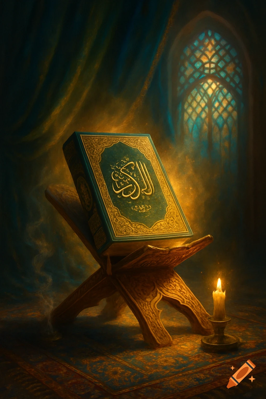 An ornate teal and gold Qur'an on a carved wooden stand, illuminated by a candle, in a richly decorated room with an arched window.