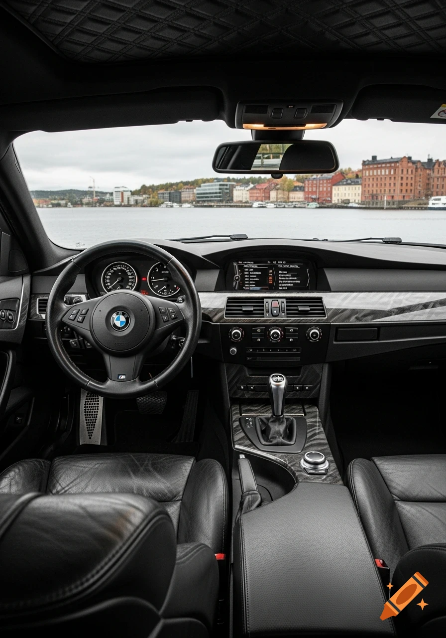 Detailed interior of a black BMW E60 cockpit, showcasing the steering wheel, dashboard, and leather seats, with a cityscape and water visible through the windshield.