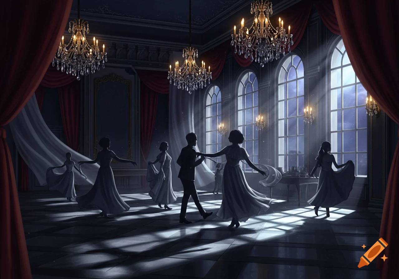 Silhouetted figures waltzing in a grand ballroom with chandeliers and light streaming through tall windows.