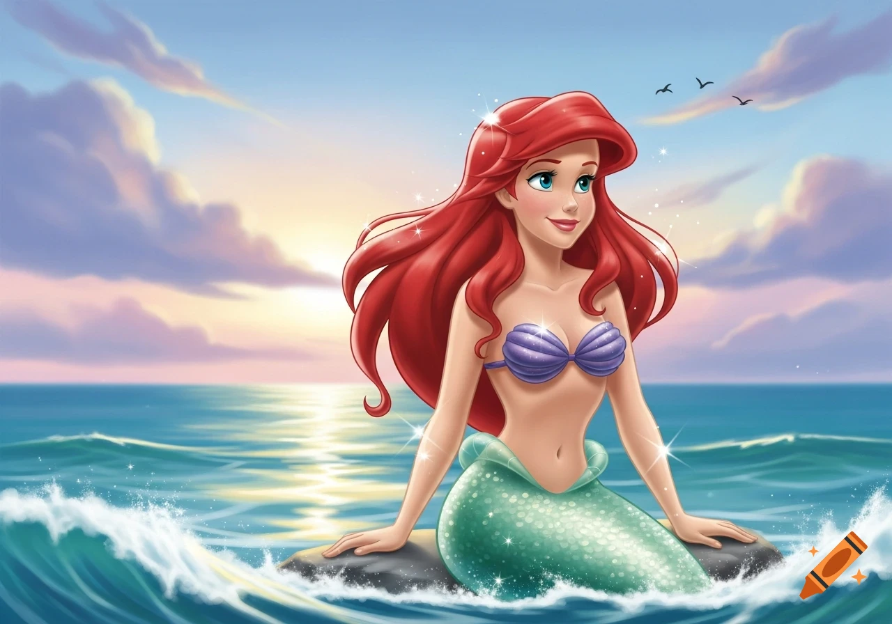Ariel, a red-haired mermaid in a purple shell top, sits on a rock in the ocean at sunset.