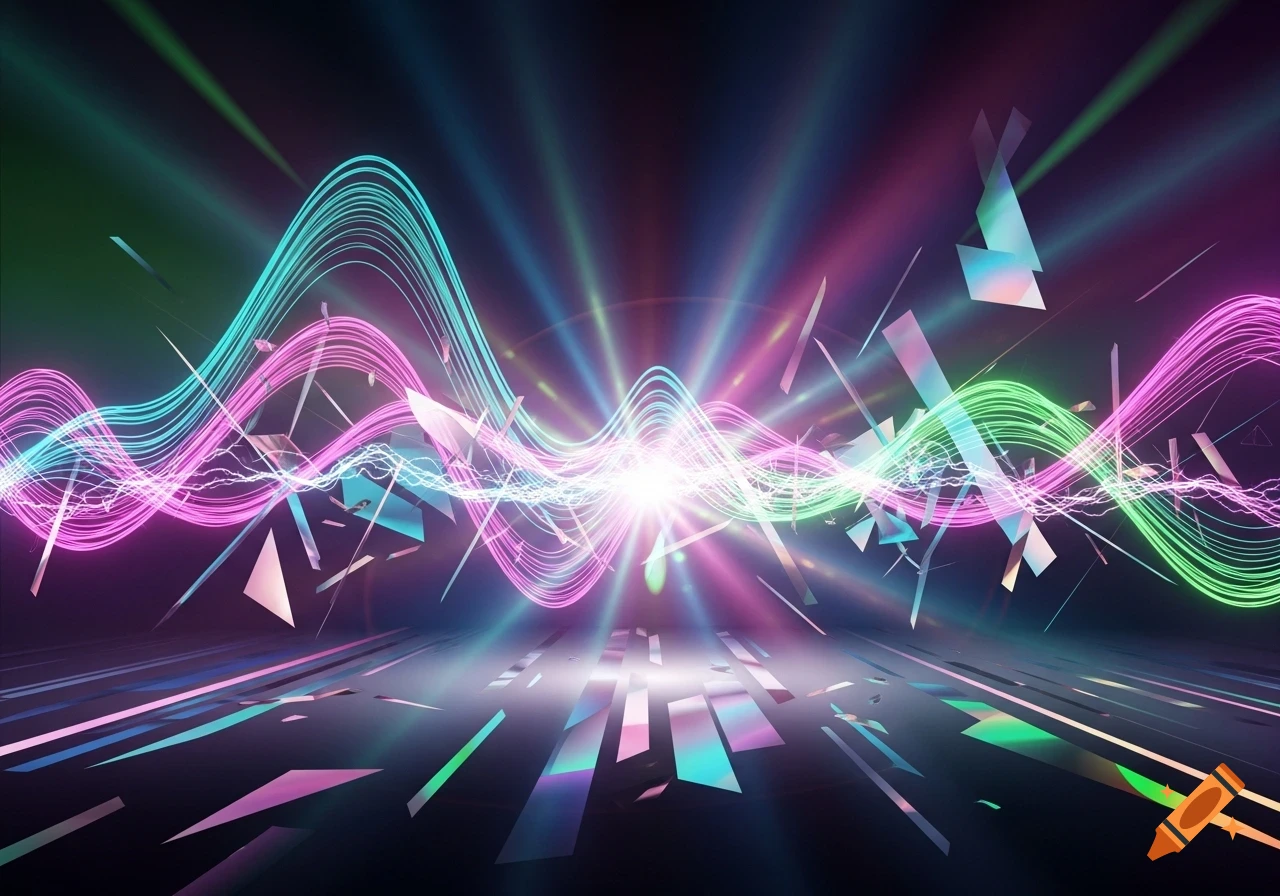 Vibrant neon pink and blue light waves burst from a central point, surrounded by glowing geometric fragments on a dark background.
