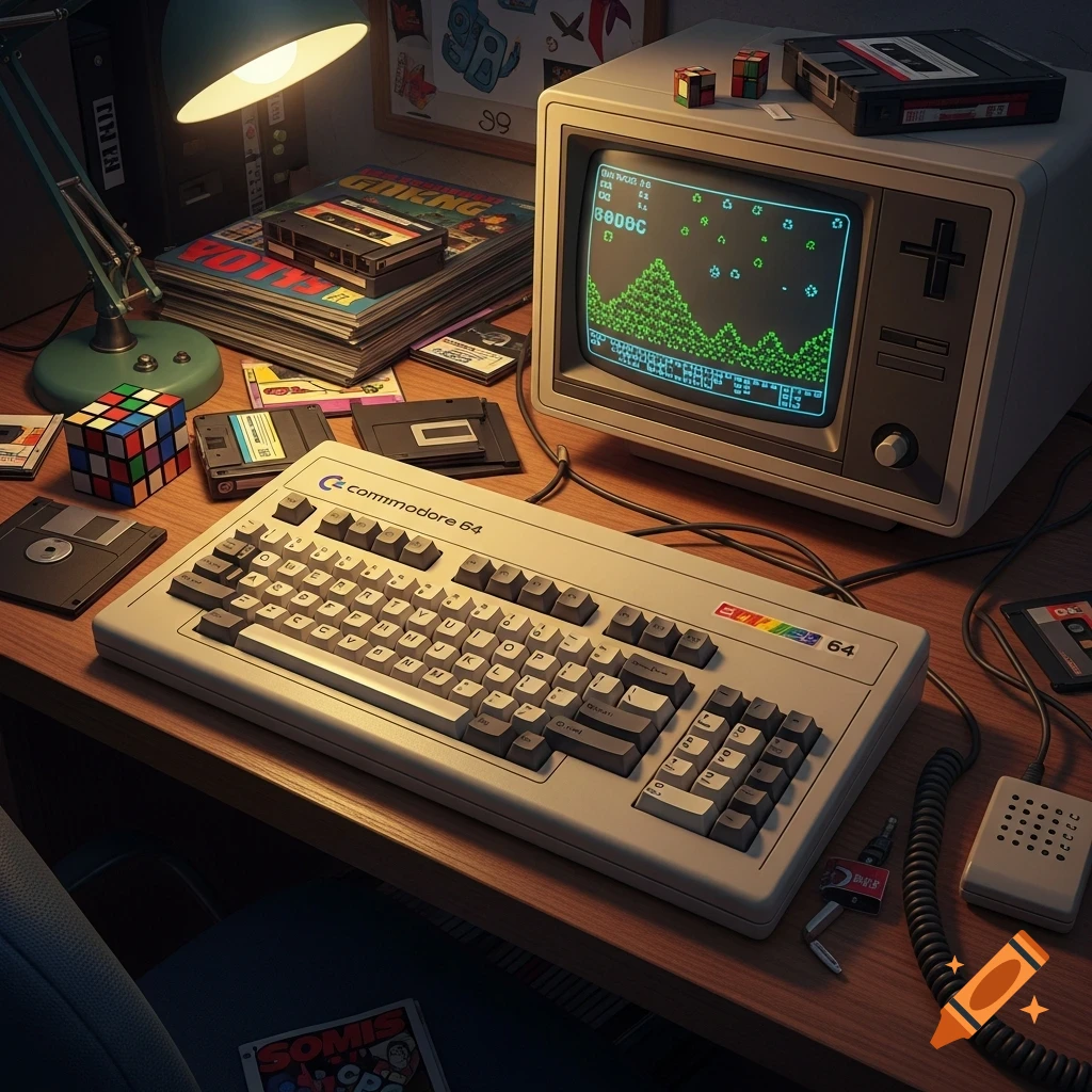 A detailed shot of a retro desk setup featuring a Commodore 64 computer, monitor displaying pixel art, a Rubik's Cube, and cassette tapes.