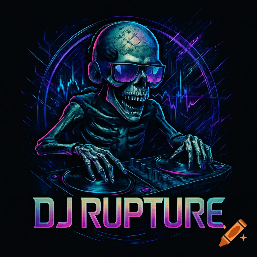 A neon-style illustration of a skeleton DJ wearing sunglasses and headphones, scratching records on turntables, with "DJ RUPTURE" below.