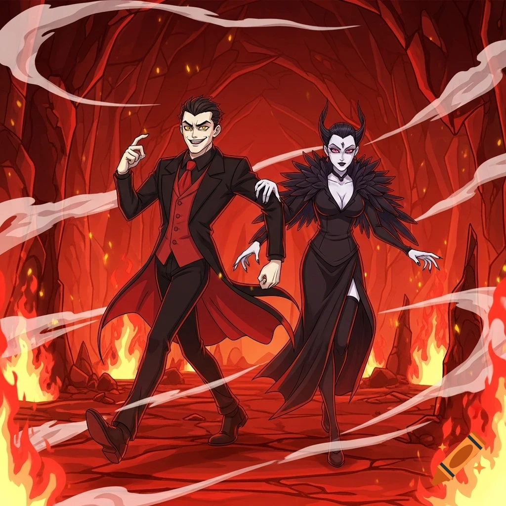 Cartoon man in a red-lined suit and a horned woman in a black dress walk through a fiery, hellish landscape.