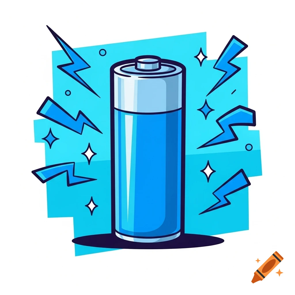 Cartoon illustration of a glowing electric blue battery surrounded by lightning bolts and stars on a light blue background.