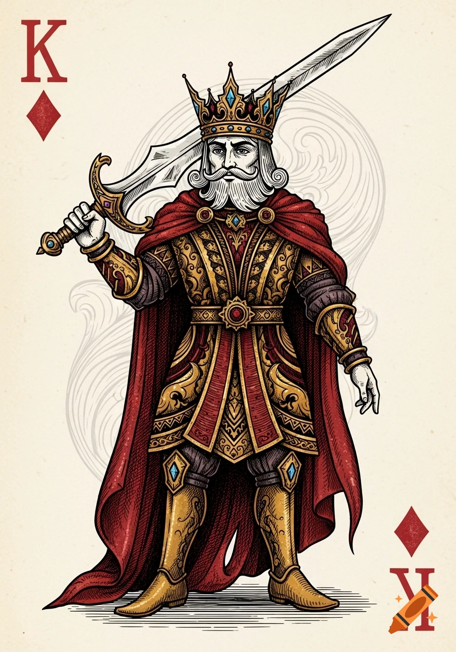 Hand-drawn, stylized King of Diamonds playing card featuring a bearded king in ornate armor, a red cape, and a sword.