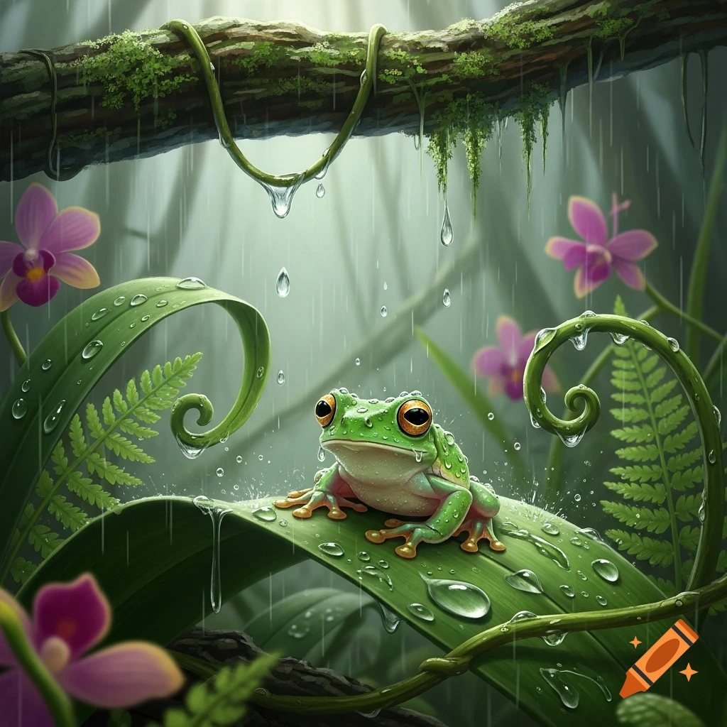 A vibrant green frog with large orange eyes sits on a dewy leaf in a lush rainforest, with rain falling and purple orchids in the background.