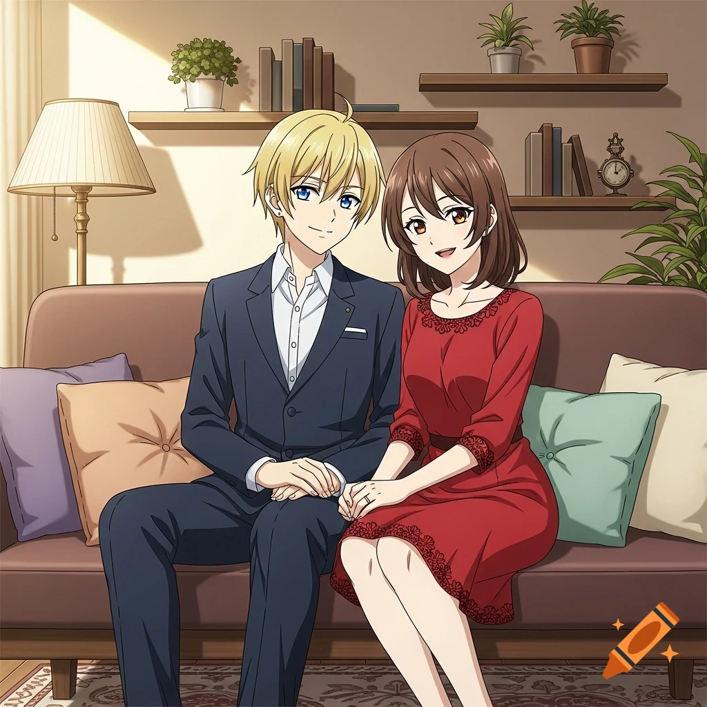 An anime couple, a blond boy and a brown-haired girl, sit smiling on a brown couch in a cozy living room.